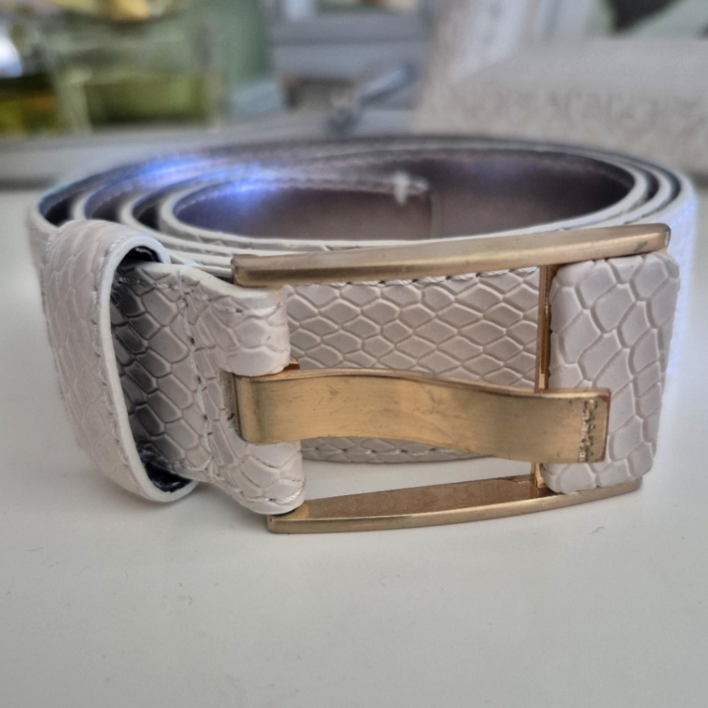 Calvin Klein Gold Buckle White Genuine Leather Snake Belt Size Large